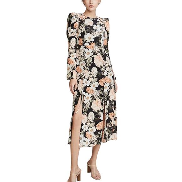 Thurley Vivanna Floral Midi Dress Lace Up Front Details Silk Boho Black Multi  8 - Picture 1 of 13